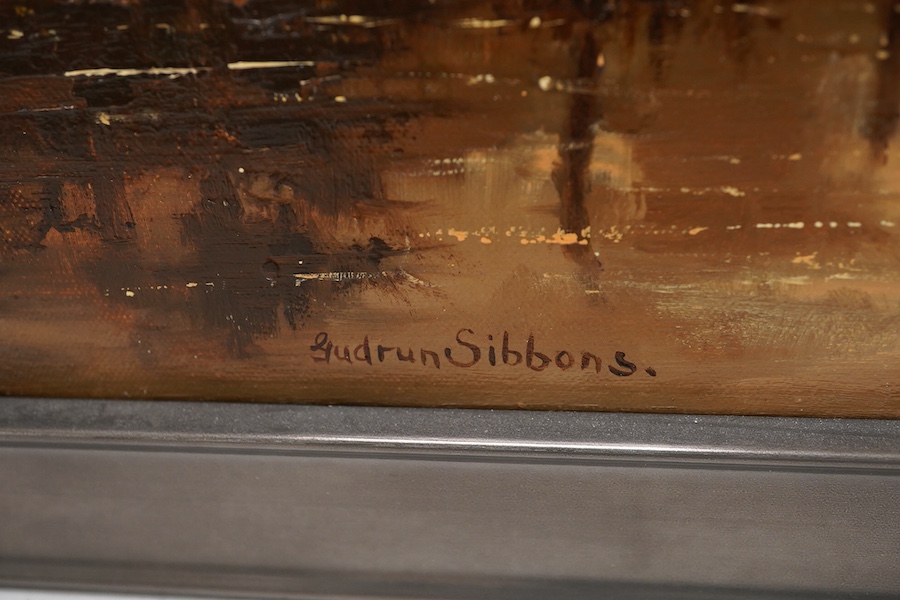 Gudrun Sibbons (1924-2020), 'Making Flower Garlands', signed, oil on canvas, 39 x 49cm